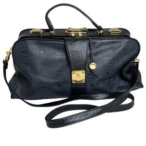 Vintage HCL Black Leather Doctor Bag Handcrafted Leather Goods Gold Hardware Top